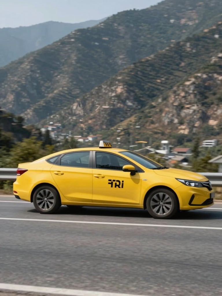 Side profile of a modern yellow taxi driving smoothly on a clean asphalt road heading towards Sivas mountains, bright natural daylight, crisp focus