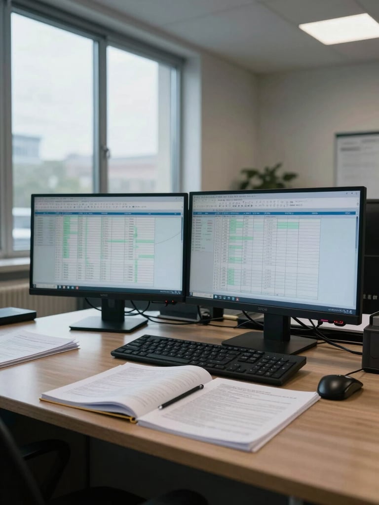 Wide environmental shot of an empty institutional office desk, dual monitors displaying structured market data tables in muted blue tones, overcast diffused daylight from a large window to the left, papers and a closed ledger in the foreground, no people, documentary framing