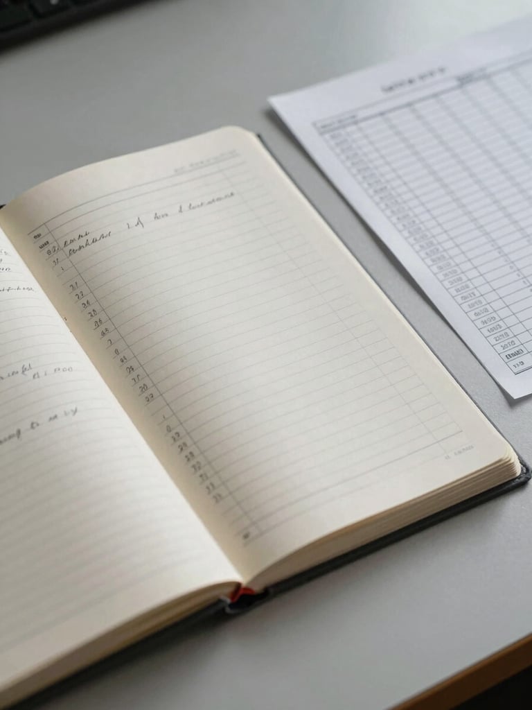 Overhead close-up of an open financial ledger with handwritten register entries and a structured data printout beside it, overcast studio light, no people, muted cream and grey tones, documentary framing on a bare institutional desk surface