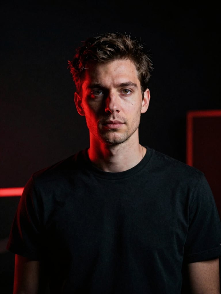 Cinematic portrait of a French creative director in a dark studio, low-key chiaroscuro lighting, subtle red neon reflection, sharp focus, 35mm film.