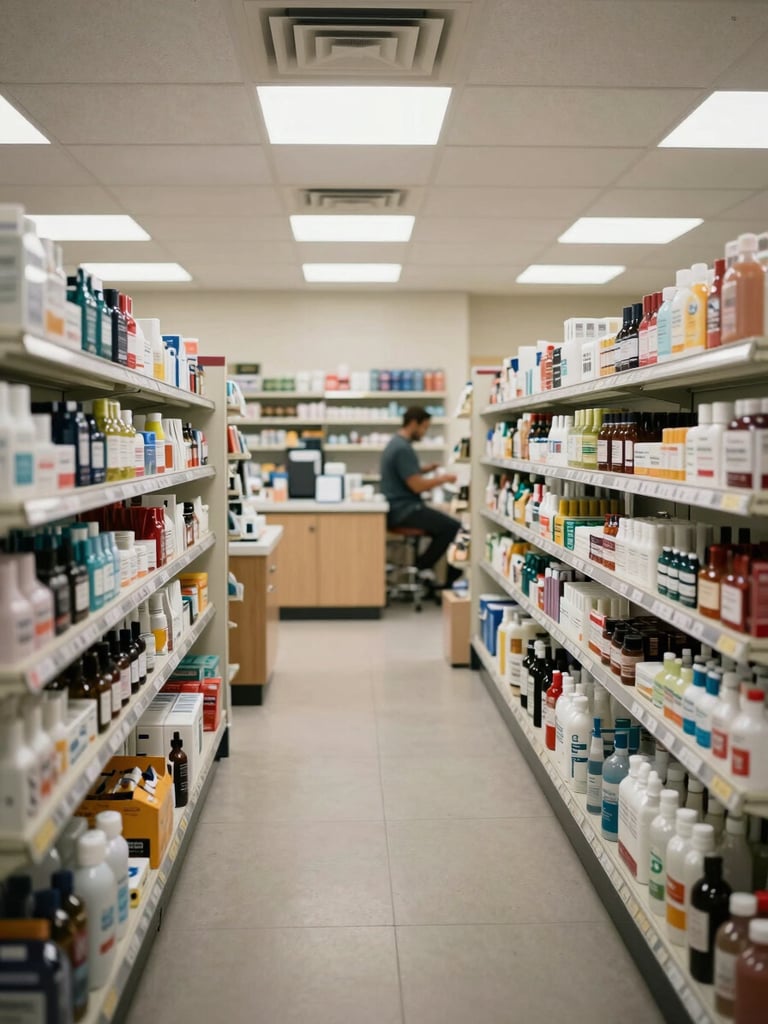 Interior wide shot of a well-lit dispensary retail floor — organized shelving with clearly labeled product displays, clean countertops, bright clinical overhead lighting, no customers in frame, staff member visible in background engaged in restocking, matter-of-fact documentary framing