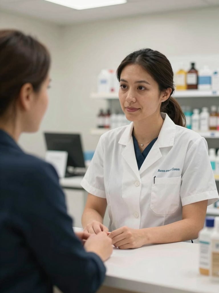 Close environmental shot of a dispensary staff member at a consultation counter, engaged in conversation posture leaning slightly forward, hands visible on the counter surface, bright clinical retail lighting, no eye contact with camera, genuine work context