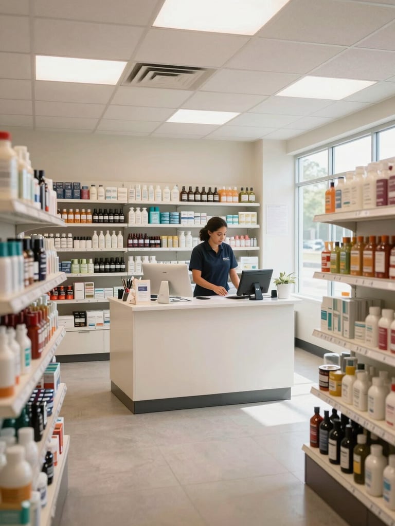 Wide environmental interior shot of a clean, well-lit dispensary retail space, organized product display shelving visible in the background, a staff member standing at a consultation counter in natural daylight, professional work posture, no customers in frame, bright clinical retail lighting, straight-on framing