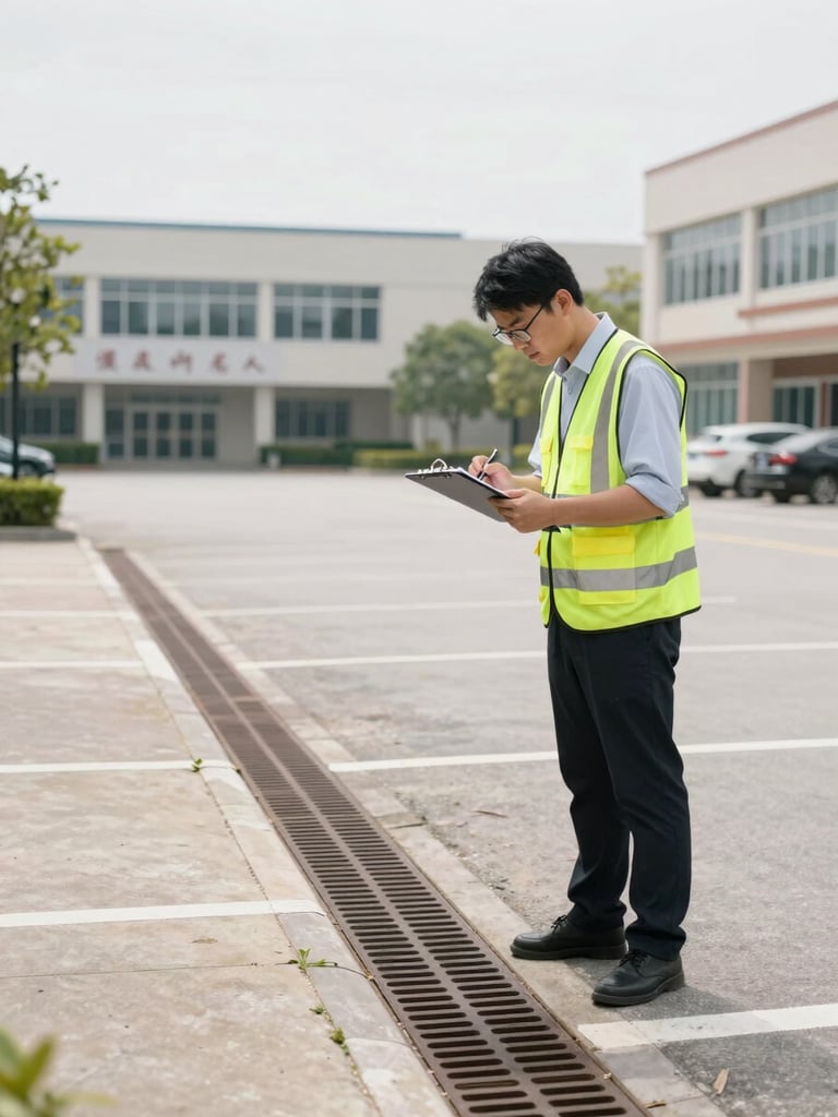 A professional inspector in a high-visibility vest holding a clipboard, examining a drainage grate on a clean school parking lot under bright overcast daylight.
