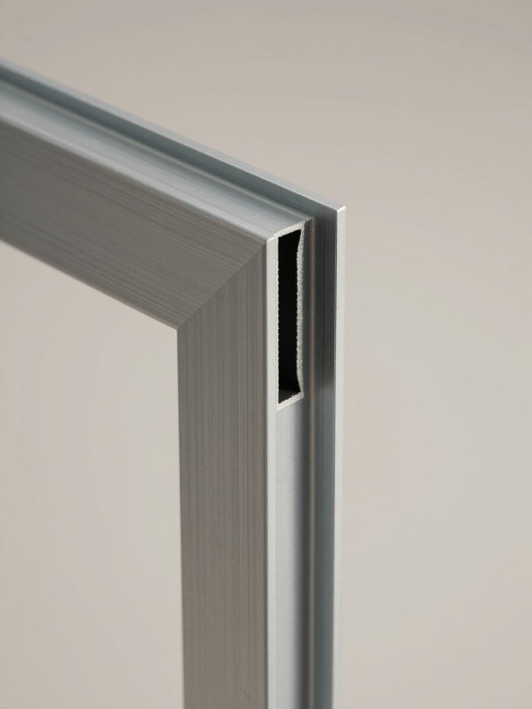 Tight architectural close-up of an aluminium frame corner intersection showing mullion-to-transom joint, machined mitred aluminium surfaces under soft even studio light, pale warm grey background, cross-section depth and thermal break insert clearly visible