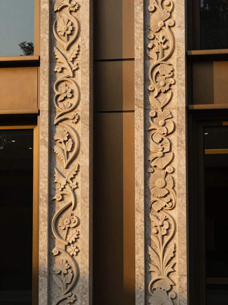 Symmetrical close-up of hand-carved local stone detailing harmoniously integrated with modern bronze and glass, dramatic low-key lighting, warm gold highlights.