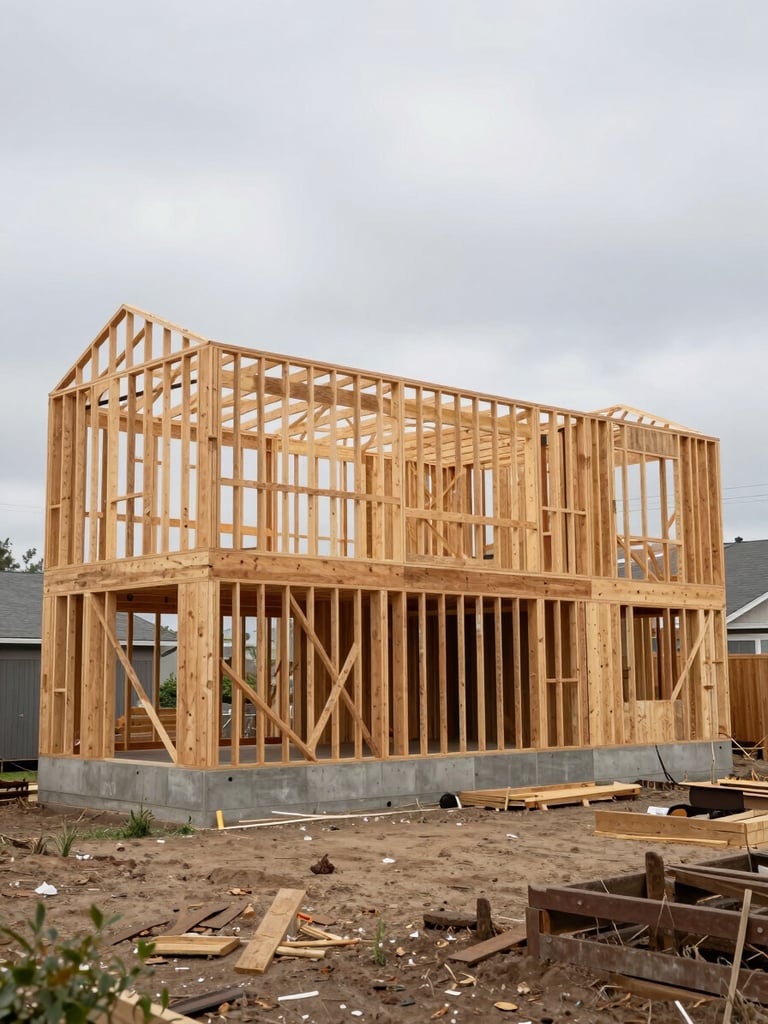 Wide environmental shot of a detached ADU mid-frame construction in a residential backyard, Pacific Southwest setting, exposed wood framing structure rising from a poured concrete foundation, natural overcast daylight, no crew visible, focus on the structural skeleton and site conditions