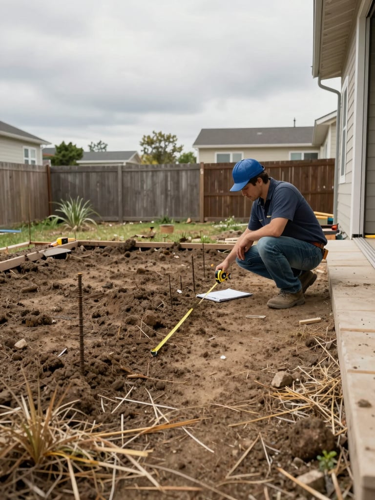 Wide environmental shot of a residential backyard site in natural overcast daylight — a contractor crouching near bare earth, tape measure extended, clipboard on the ground beside rebar stakes, no people's faces visible, dirt and dry grass in the foreground, house foundation edge at frame right