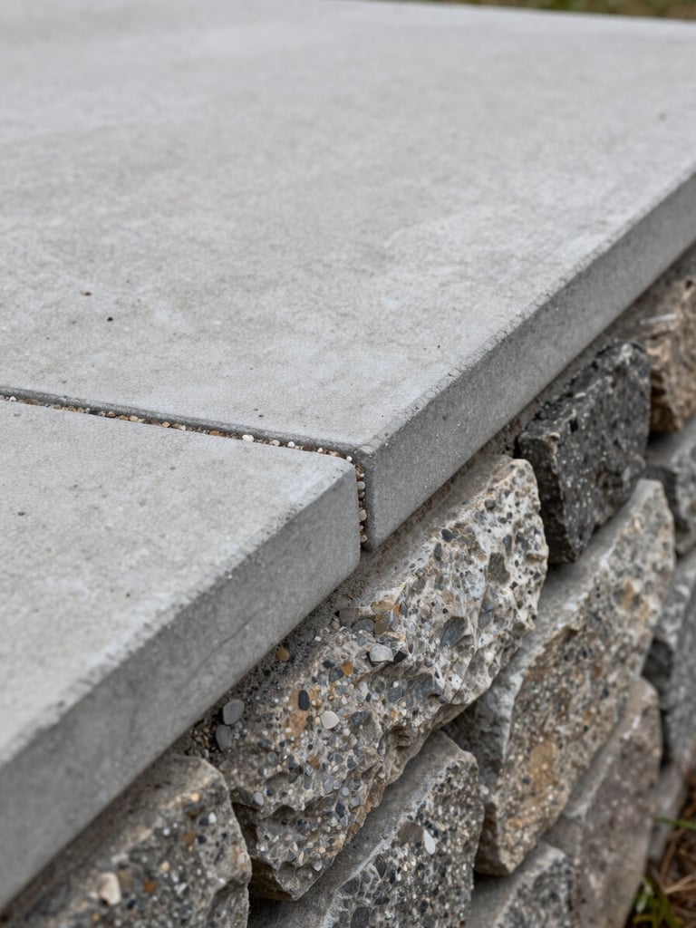 Close environmental shot of a concrete-to-stone material transition at ground level — broom-finish concrete flatwork meeting a precisely cut flagstone edge, raked mortar joint visible, overcast daylight illuminating aggregate texture and stone grain, no people, tight framing showing the craftsmanship of the joint