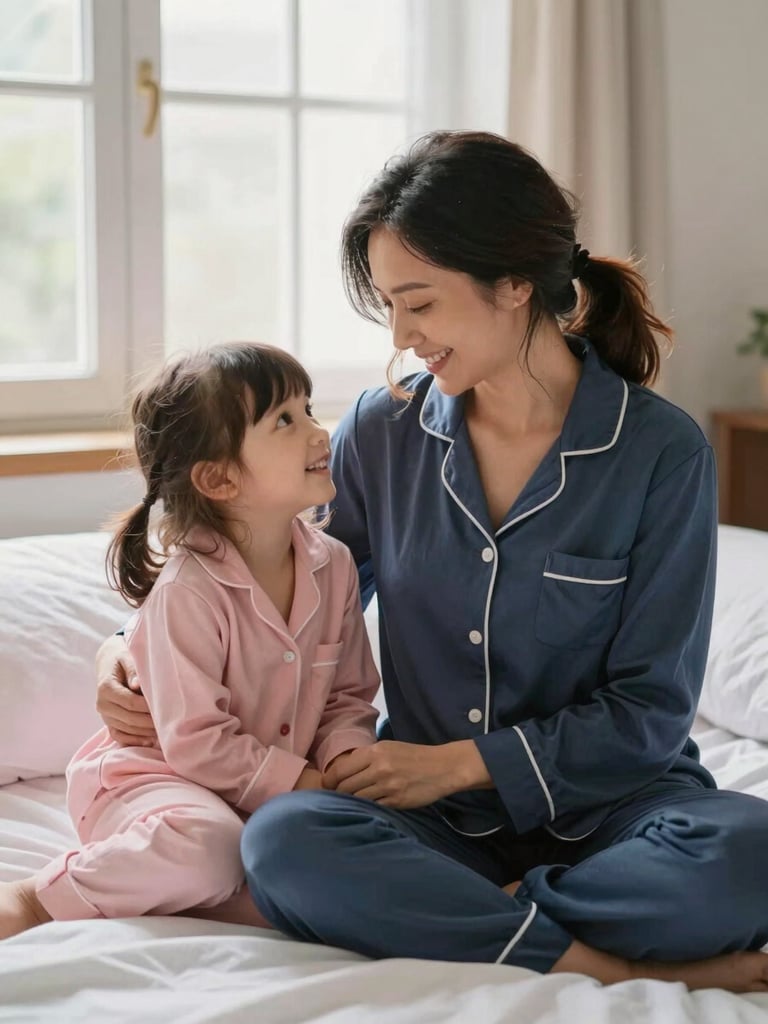 Mãe e filha rindo juntas em uma cama aconchegante, vestindo pijamas combinando em tons suaves de rosa e azul, luz natural dourada entrando pela janela, fotografia afetiva de estilo de vida.
