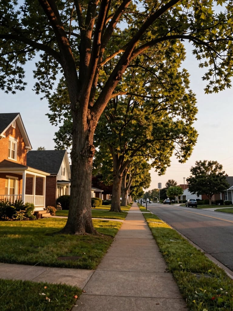 Wide environmental shot of a quiet Indiana residential street at golden hour — mature elm trees lining the sidewalk, a brick craftsman home porch visible to the left third, warm late-afternoon light raking across the pavement