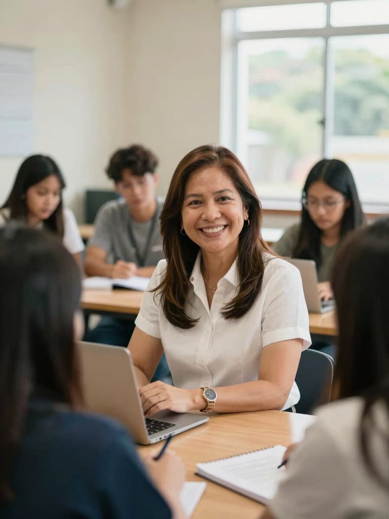 A professional portrait of a Filipino academic leader in a bright, sunlit office, warm editorial photography, authentic community tones, 35mm.