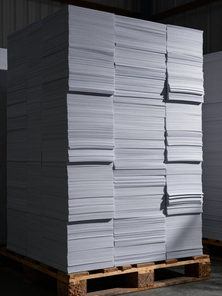Overhead flat-lay of tightly stacked A4 paper reams on a warehouse pallet, hard directional studio strobe light casting sharp shadows across the ream edges, cool grey tones, tight geometric composition filling the frame
