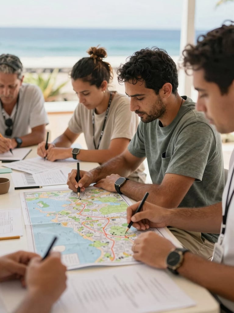 Warm editorial photography of a collaborative workshop in the Canary Islands, people planning together around a table with maps and documents, bright natural Atlantic daylight, soft authentic tones, shallow depth of field, 35mm