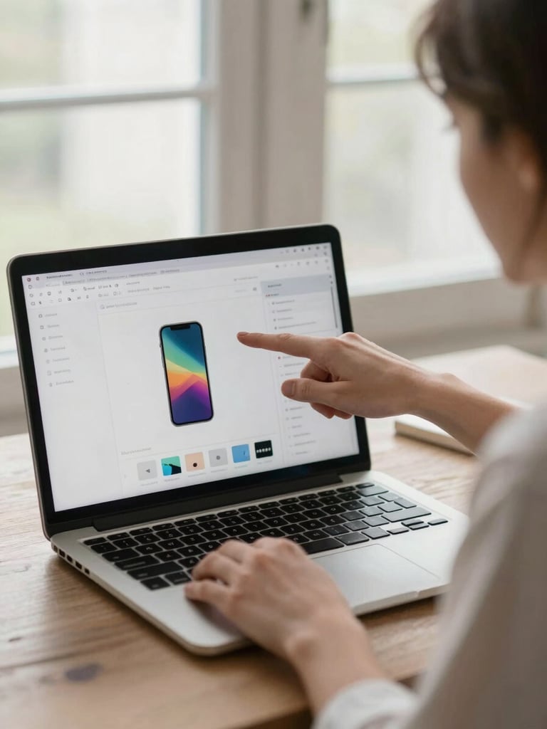 Medium shot of a woman demonstrating a software product on her laptop screen to a remote audience, pointing at the screen with one hand, attentive expression, even north-facing window light, screen content clearly visible showing a product interface, background out of focus but present