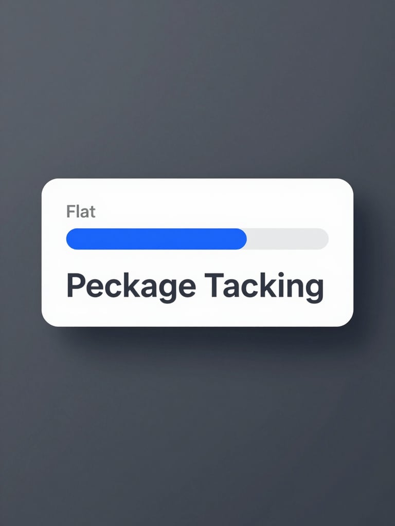 Flat, high-contrast digital rendering of a clean UI mockup showing a package tracking progress bar, electric blue highlights on a slate-gray background, generous negative space.