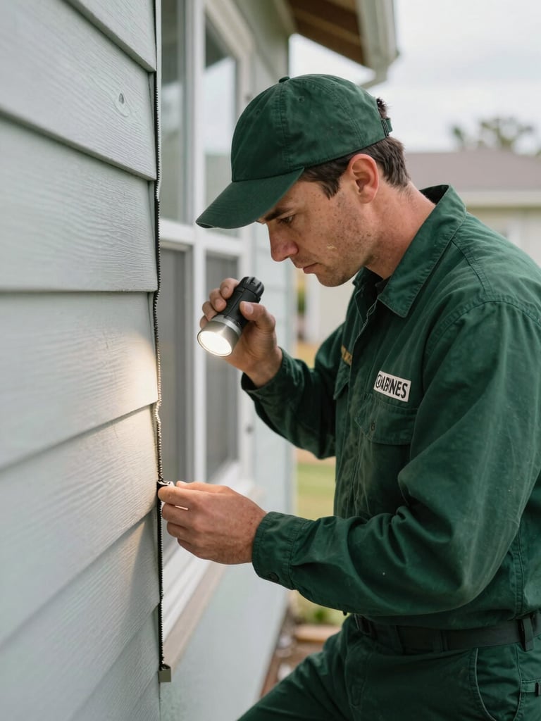 A professional GuardNest technician in a clean dark green uniform, carefully inspecting a foundation seam on an Oakland home with a flashlight in natural daylight.