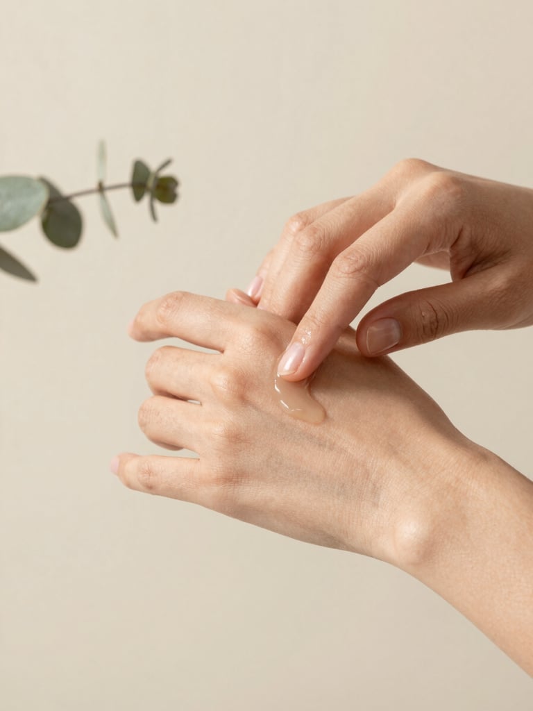 Macro shot of hands gently applying a serum to healthy, glowing skin, soft diffused natural daylight, clean minimalist aesthetic, pale sand and eucalyptus tones, 35mm.