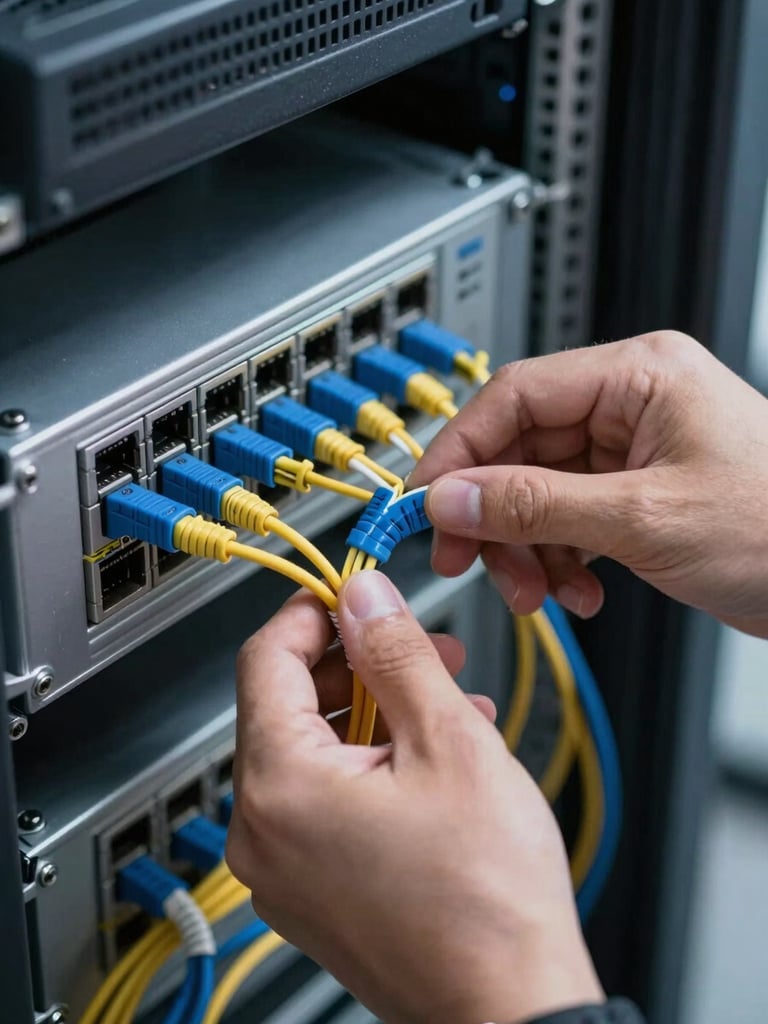 Close-up overhead shot of a network engineer's hands routing fiber optic cables into a patch panel inside a rack cabinet, cool clinical overhead lighting, blurred server equipment in background, precise cable management visible, no faces