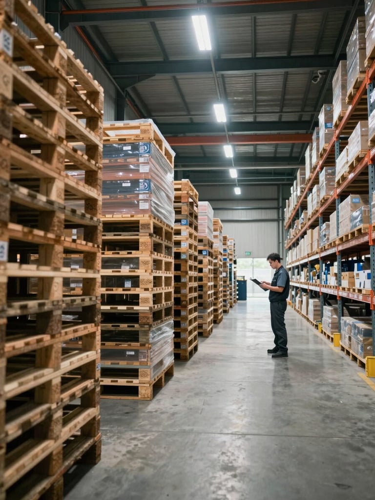 Wide shot of a large industrial warehouse interior, rows of stacked pallets receding into the distance under cool overhead fluorescent light, a lone worker reviewing a clipboard in the mid-ground right, concrete floor and steel racking dominating the frame