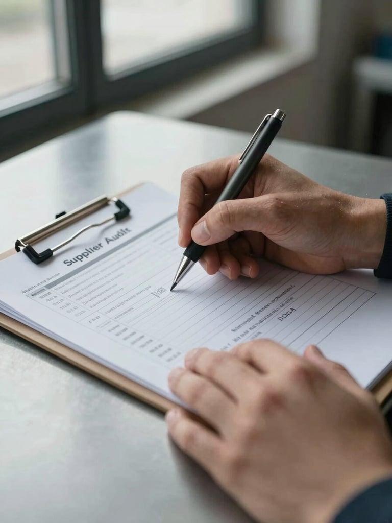 Close-up of hands annotating a printed supplier audit form on a clipboard under cool window light, pen marking sections, partially visible compliance checklist with handwritten notes, steel desk surface, industrial background softly out of focus