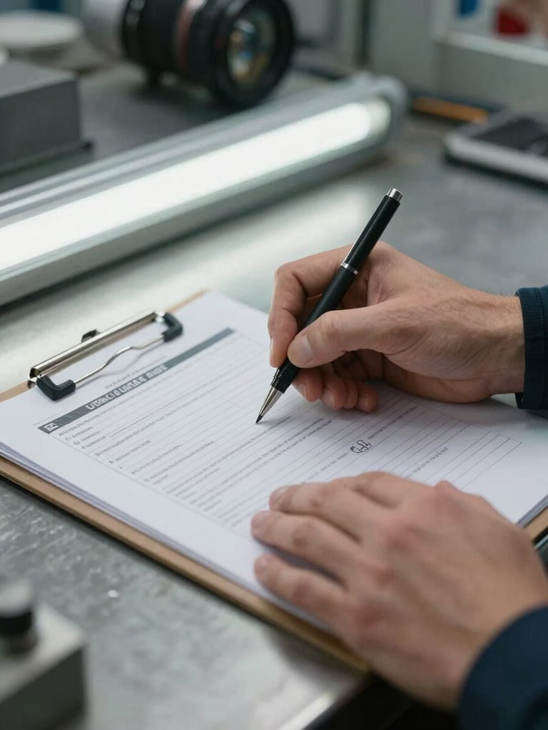 Close-up of hands annotating a printed compliance audit form on a metal factory-floor workstation, cool fluorescent overhead light, a clipboard with layered documents visible in the lower frame, industrial background softly out of focus