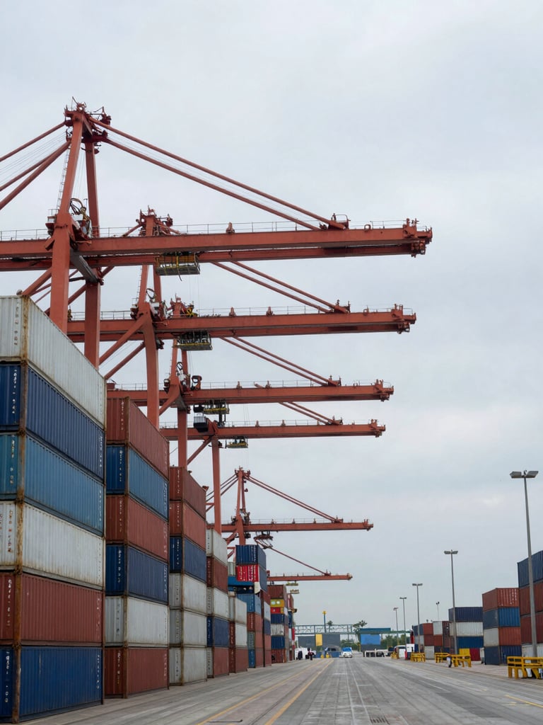 Wide panoramic view of a major shipping and logistics yard from elevated angle, left third dominated by stacked containers and gantry cranes, right side open sky and horizon, cool overcast daylight, industrial scale visible