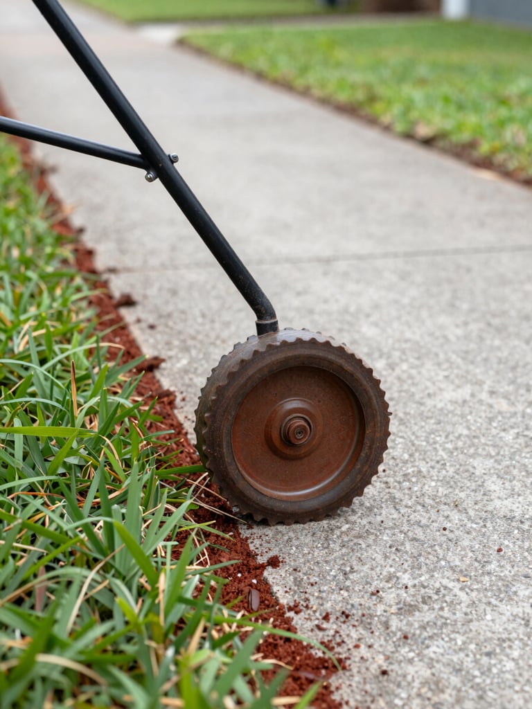 Close-up documentary shot of a mower wheel and blade edging along a concrete path on a Darwin residential property, red soil visible, freshly cut tropical grass border, natural humid daylight
