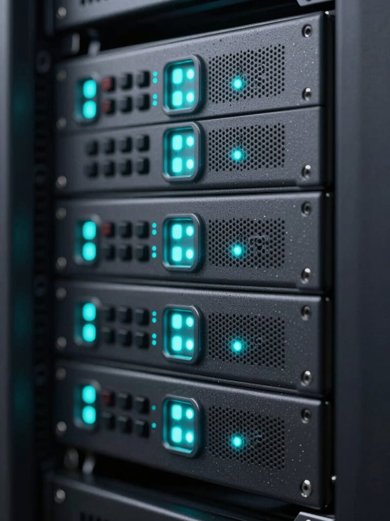 Sleek technical photography of server racks with neon indicator lights, dark charcoal background, sharp neon cyan accents, macro depth of field