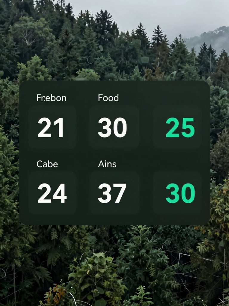 Sleek minimalist software interface showing carbon footprint dashboard, dark forest green background, electric teal accents, clean numeric readouts, modern tech aesthetic