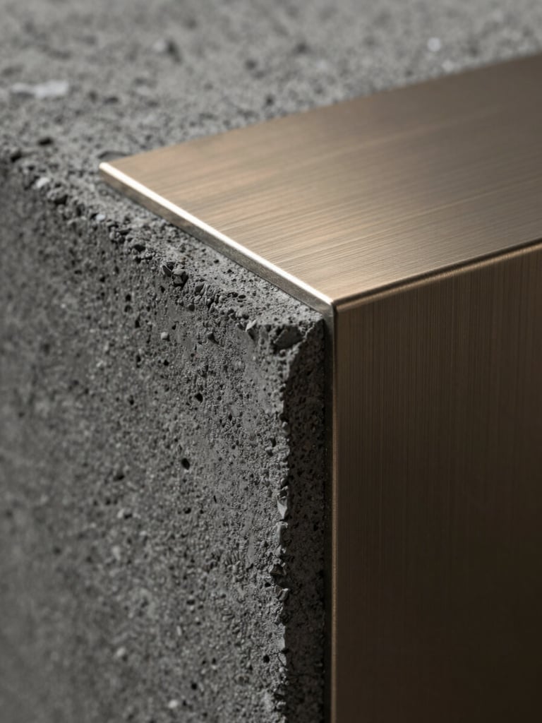 Extreme macro close-up of premium building materials, raw dark concrete meeting brushed champagne steel, high-contrast side lighting, architectural texture.