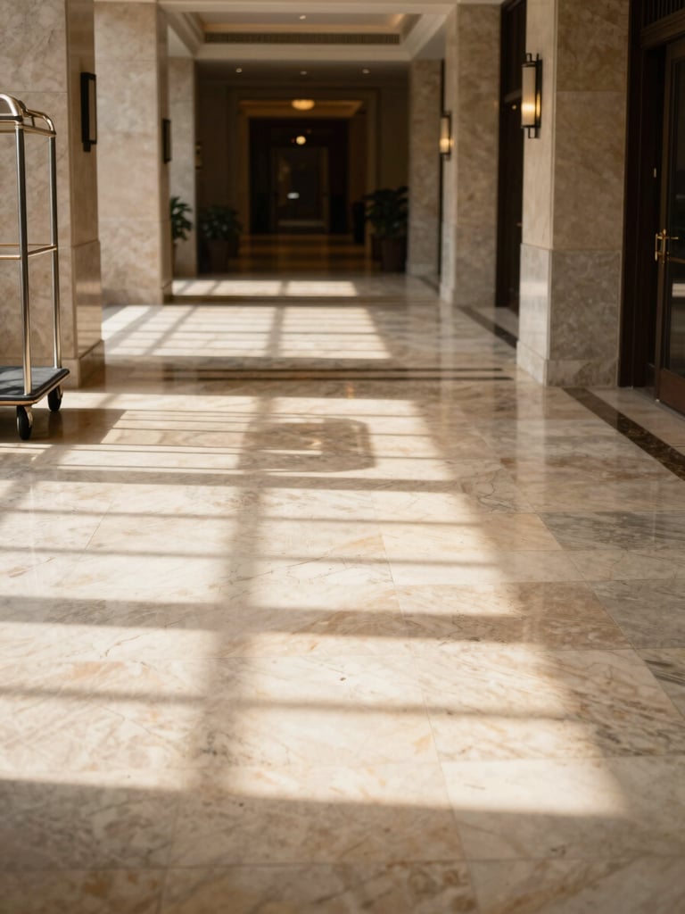 Wide environmental shot of a hotel lobby corridor in warm natural light, marble floors receding into depth, a service trolley visible at the far left edge, no people, architectural stillness