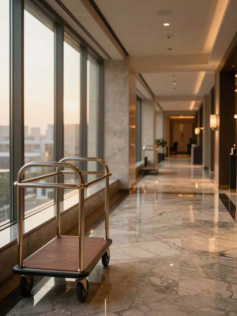 Wide environmental shot inside a luxury hotel corridor at golden-hour window light, a service trolley in the left foreground, polished marble floor receding into soft depth, no people visible — documentary, still, unhurried