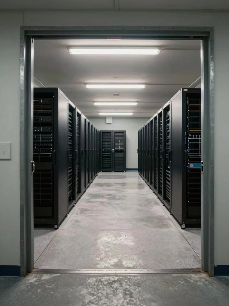 Wide-angle view through a reinforced steel doorway into an empty institutional data room, server racks in background, overhead fluorescent lighting casting hard shadows on brushed concrete floor, shot from low technical angle