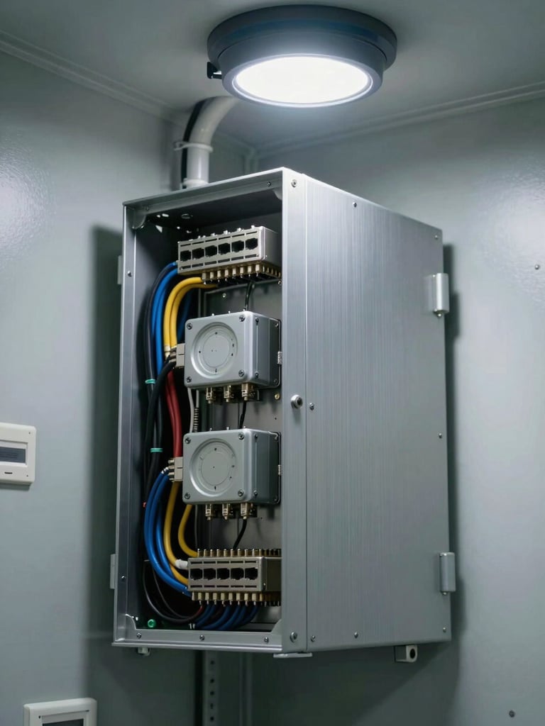 Close-up of a wall-mounted edge compute enclosure in an institutional mechanical room, exposed conduit and sensor cabling entering from the top, brushed aluminum chassis under a single overhead studio strobe, no people, sharp detail on terminal connectors