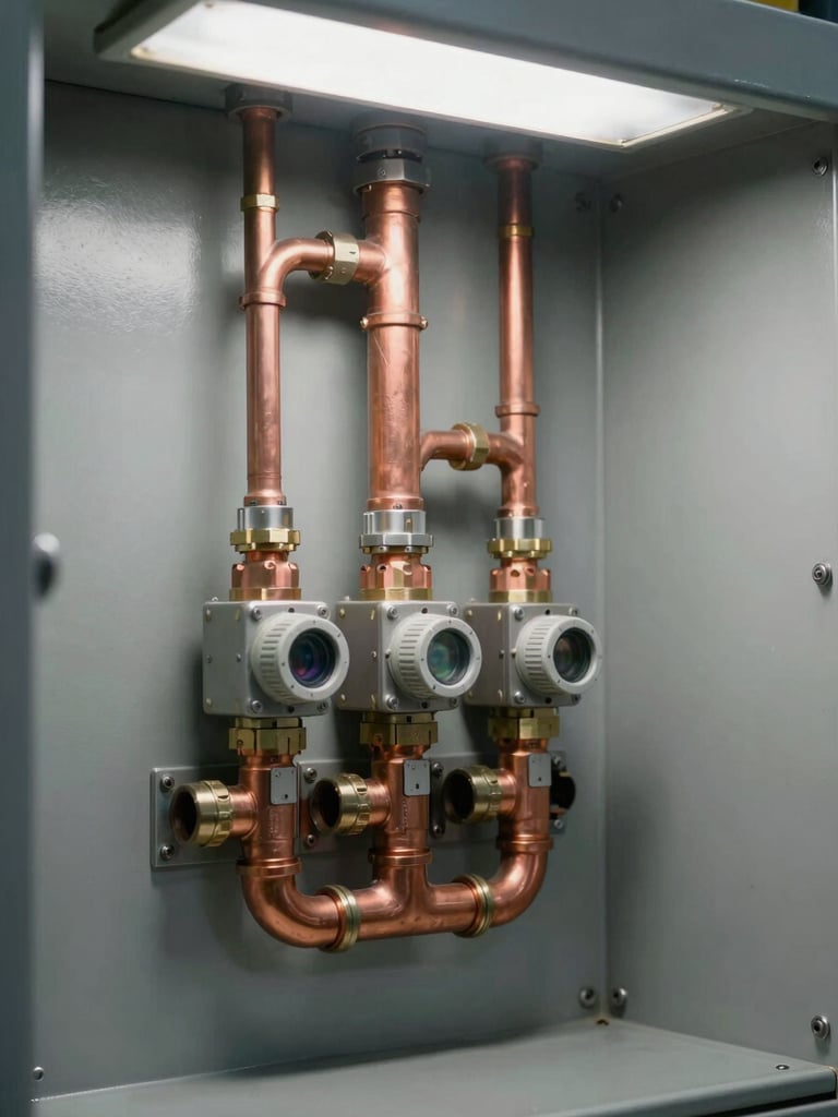 Close-up of an industrial HVAC junction panel in a mechanical room, copper pipe fittings and sensor wiring visible, overcast studio light from above, grey painted steel walls, no people