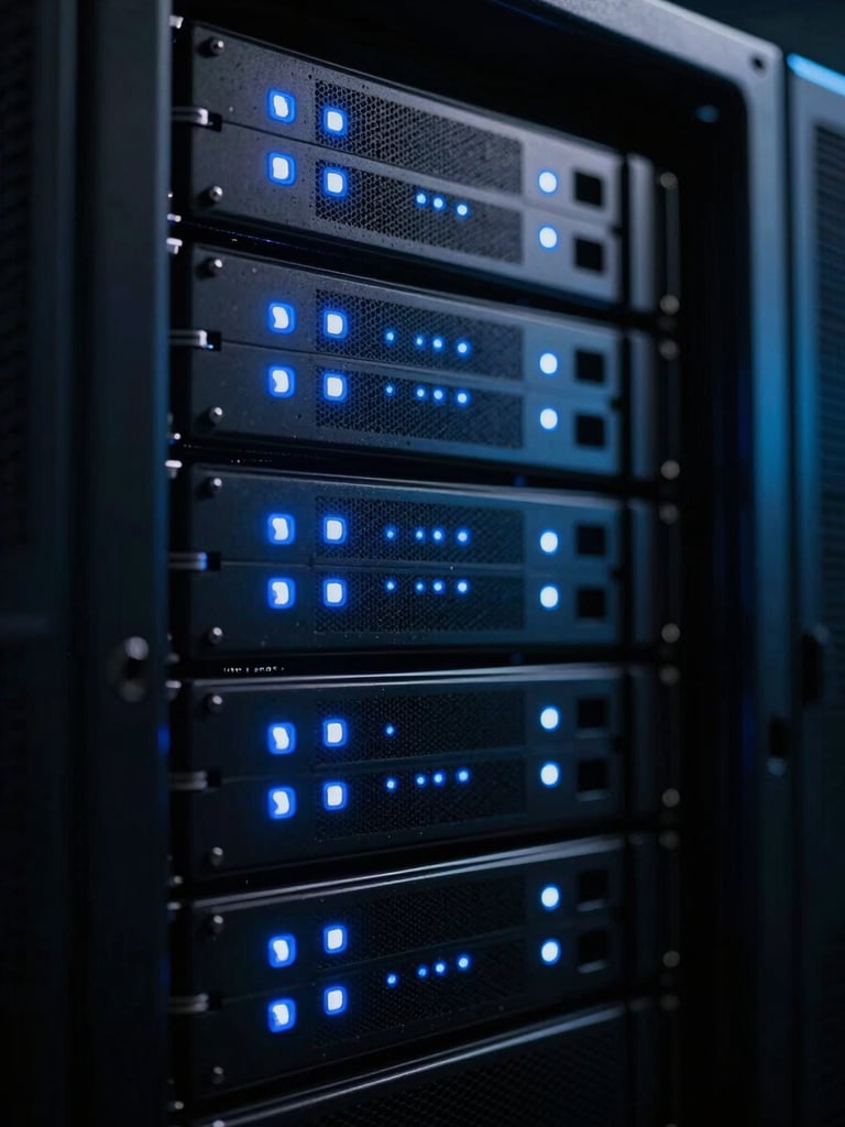 Macro shot of high-end server racks with blinking blue LED status lights, sharp structural lines, high contrast, dark tones, 35mm