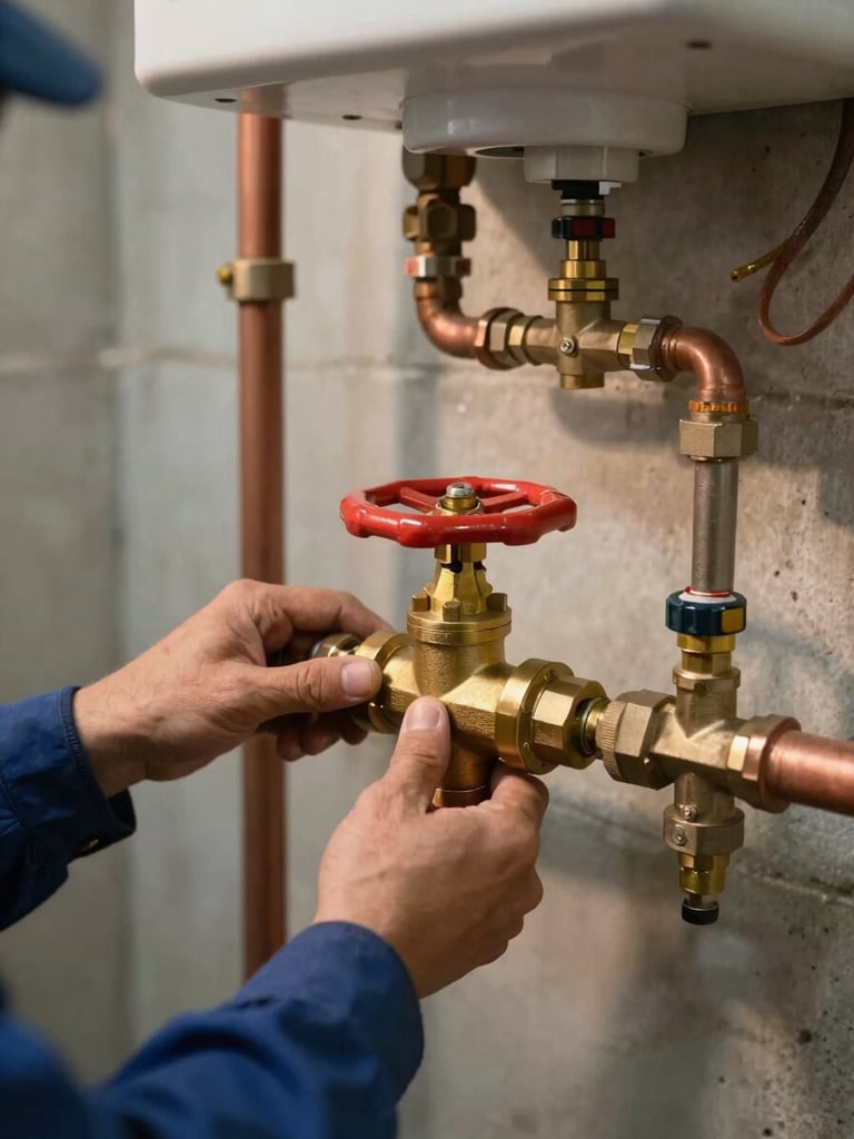 Eye-level shot of a technician's hands turning a brass shut-off valve on a residential water heater, copper pipe and pressure relief valve visible, warm interior light, concrete basement wall behind