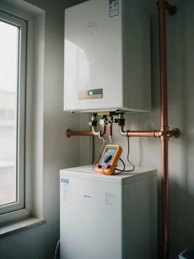 Eye-level view inside a residential mechanical room, a water heater and copper pipe manifold in focus, soft north-facing window light, a multimeter resting on top of the unit, no people in frame