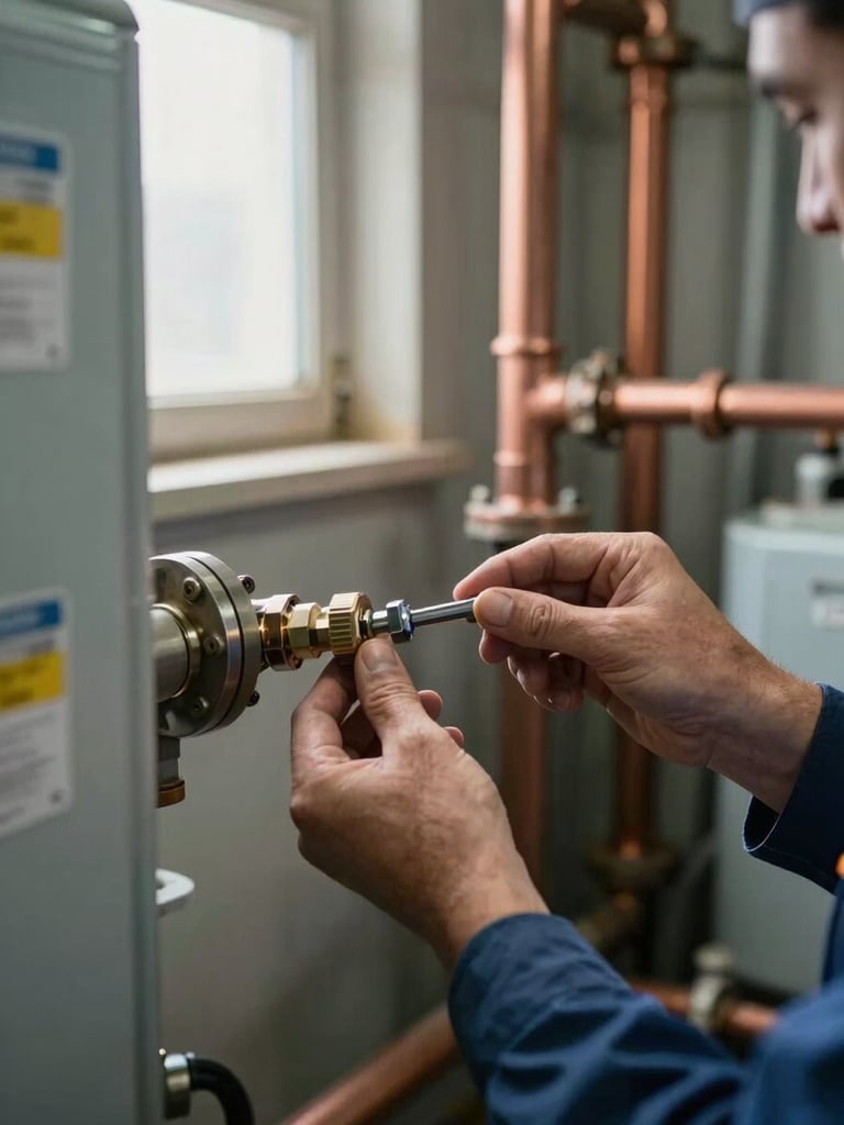 Close-up of a technician's hands tightening a fitting on a gas furnace in a basement mechanical room, natural diffused light from a small window, tool visible in right hand, aged copper pipes in background