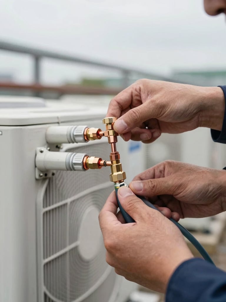 Close-up of a technician's hands securing refrigerant line connections on an outdoor AC condenser unit, copper fittings and insulated tubing in sharp focus, soft overcast daylight, no faces visible