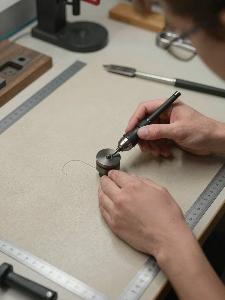 Overhead view of a maker's hands guiding a precision rotary tool across a thin sheet on a wide workbench, north-facing studio light, tools and ruled guides visible at edges, neutral sand surface, documentary framing
