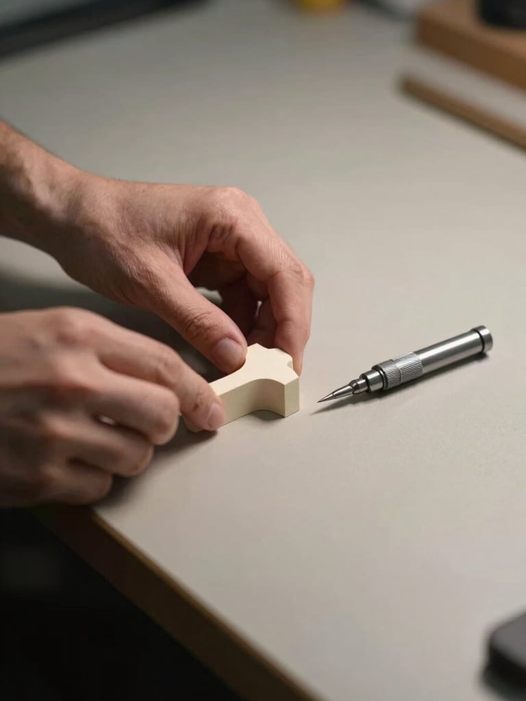 Hands steadying a small-scale prototyping form on a pale workbench, a precision tool resting just out of contact to the right, overhead north-facing light casting a clean hard shadow, neutral warm-gray background, no finished object visible