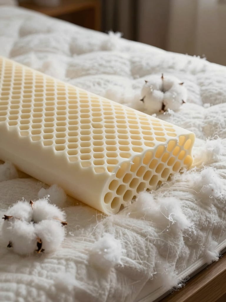 A close-up of a natural latex mattress core showing its breathable honeycomb structure, surrounded by organic cotton fibers, soft side lighting