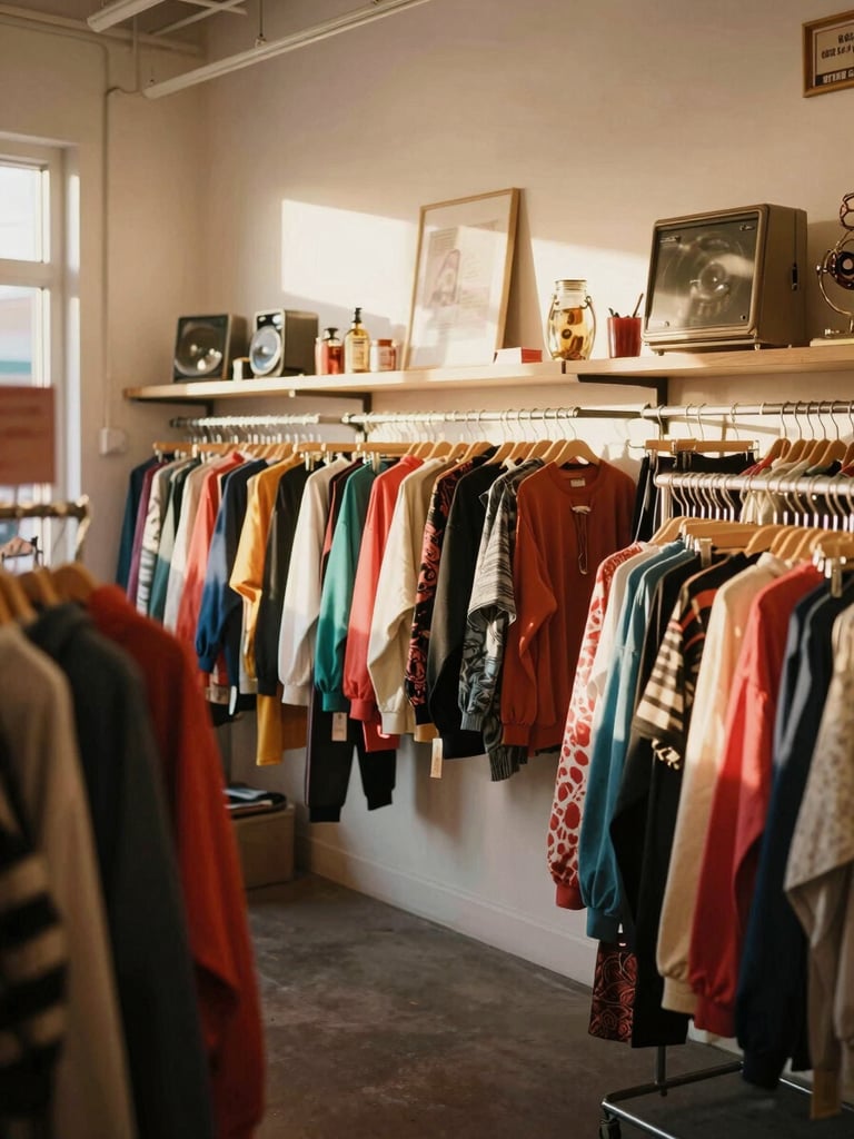 Interior shot of Cheap Girls LLC physical store, showing racks of colorful clothing and vintage decor under warm natural light, slightly off-center framing