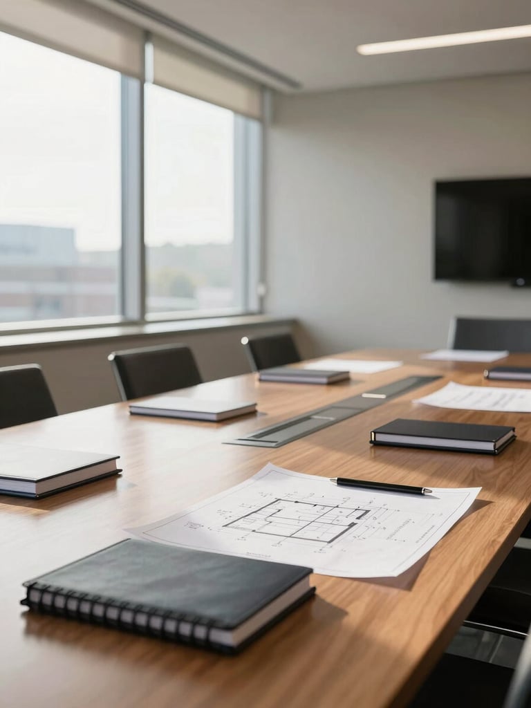 A clean, bright corporate boardroom in Bowling Green, Kentucky. Sunlight streaming through large windows onto a structured wooden table with neatly aligned notebooks and architectural blueprints. No people.