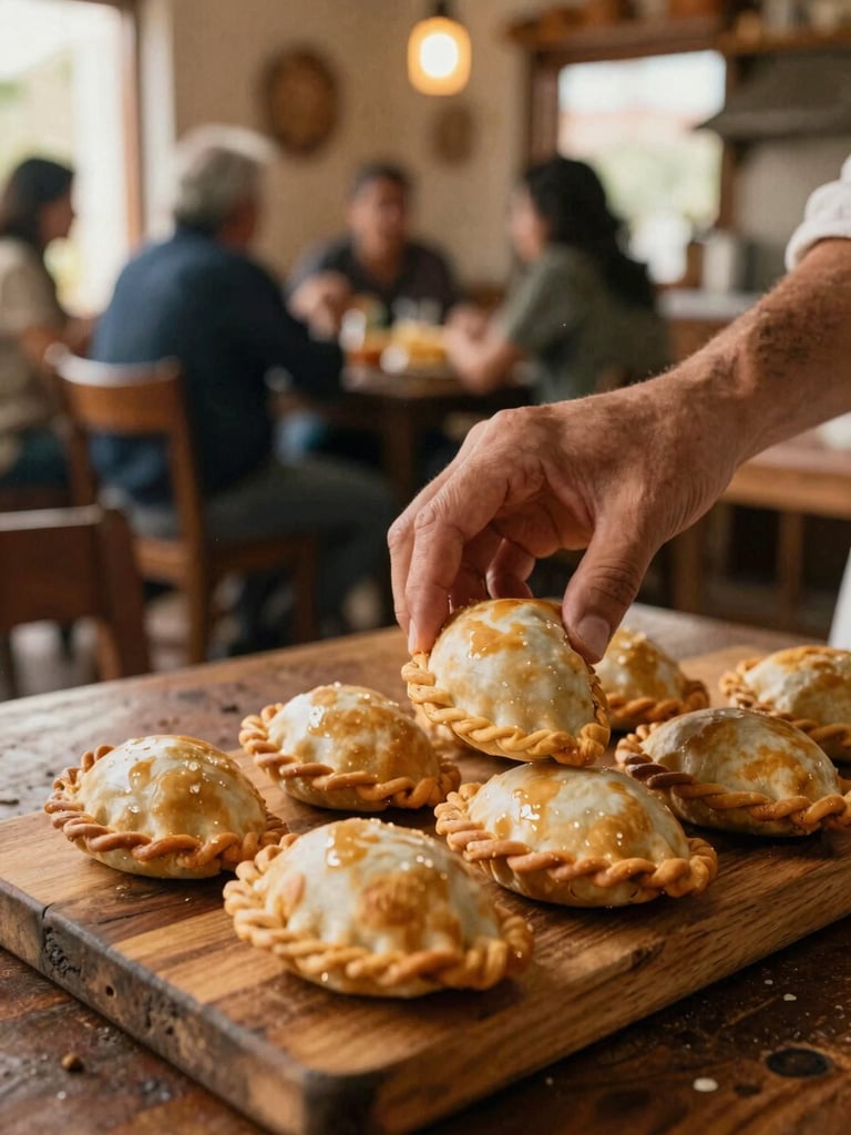 Hands serving traditional Argentine empanadas on a rustic wooden board, warm incandescent kitchen light, cozy community center background, soft grain film photography