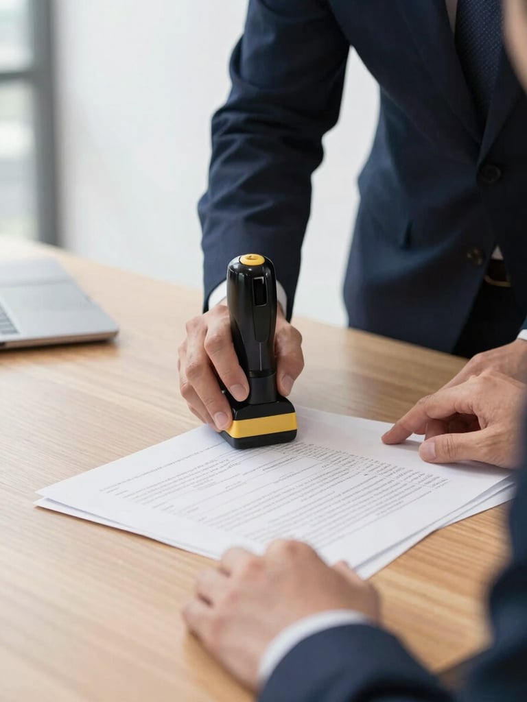 A close-up of professional hands stamping official administrative documents on a clean wooden desk, bright natural light