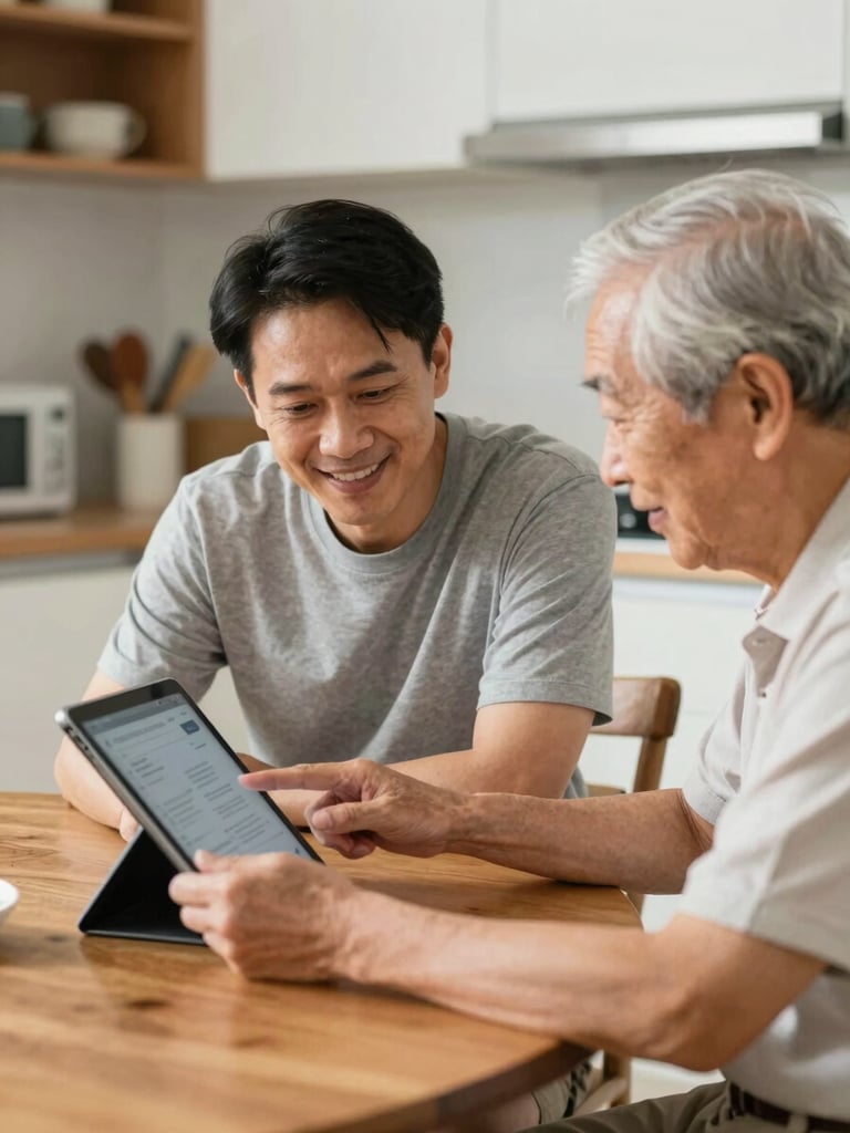 A warm editorial photograph of a friendly Singaporean digital coach sitting at a wooden kitchen table with an elderly senior, patiently pointing at a tablet screen, bright natural daylight, soft focus.