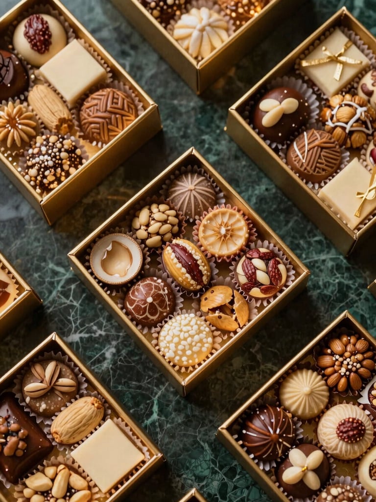 Overhead flat-lay of luxurious gold-foiled gift boxes on dark marble, filled with glistening mixed nut sweets under warm side-lighting.